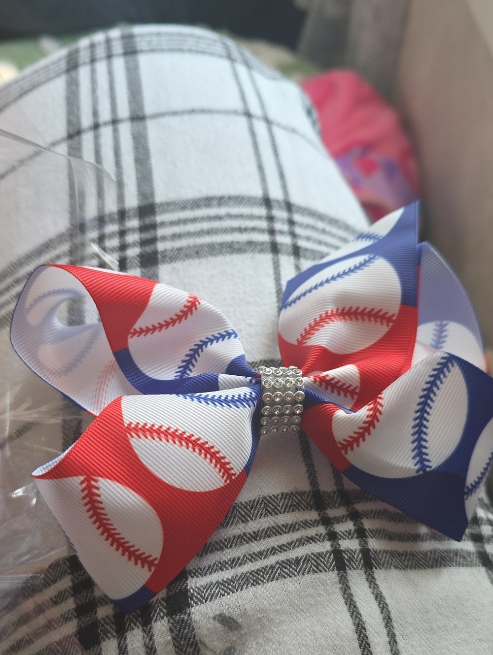 Red, White & Blue Baseball Print Hair Bow for Kids